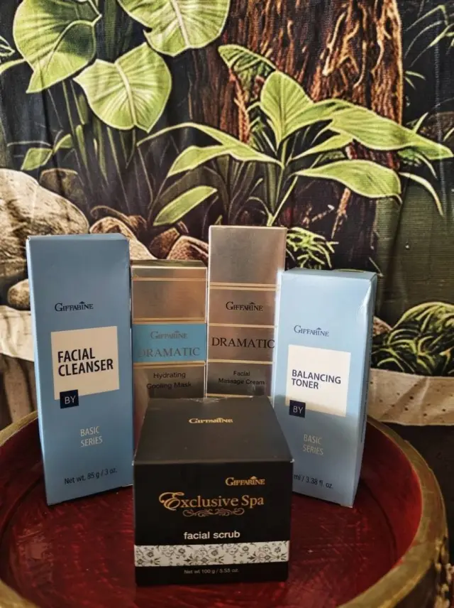 Facial cleanser, toner and scrub products displayed on a tray at Ai Oon Massage Lanna